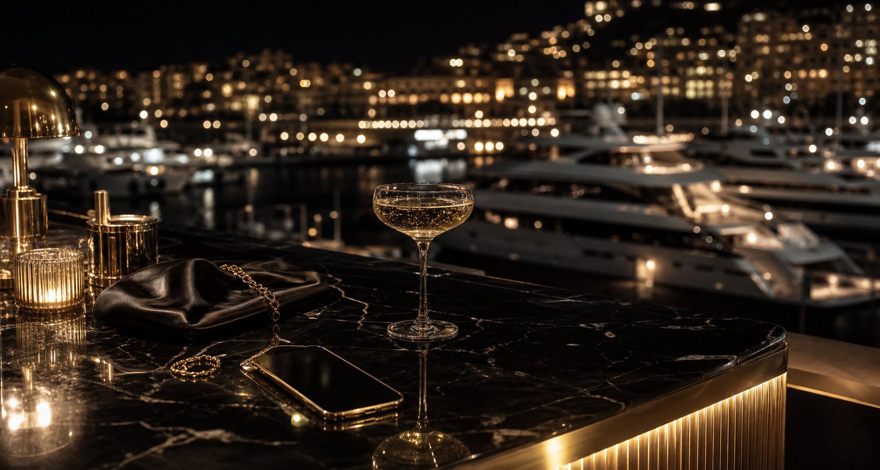 Luxury Monaco bar with dark marble, champagne gold lighting, and yacht season atmosphere